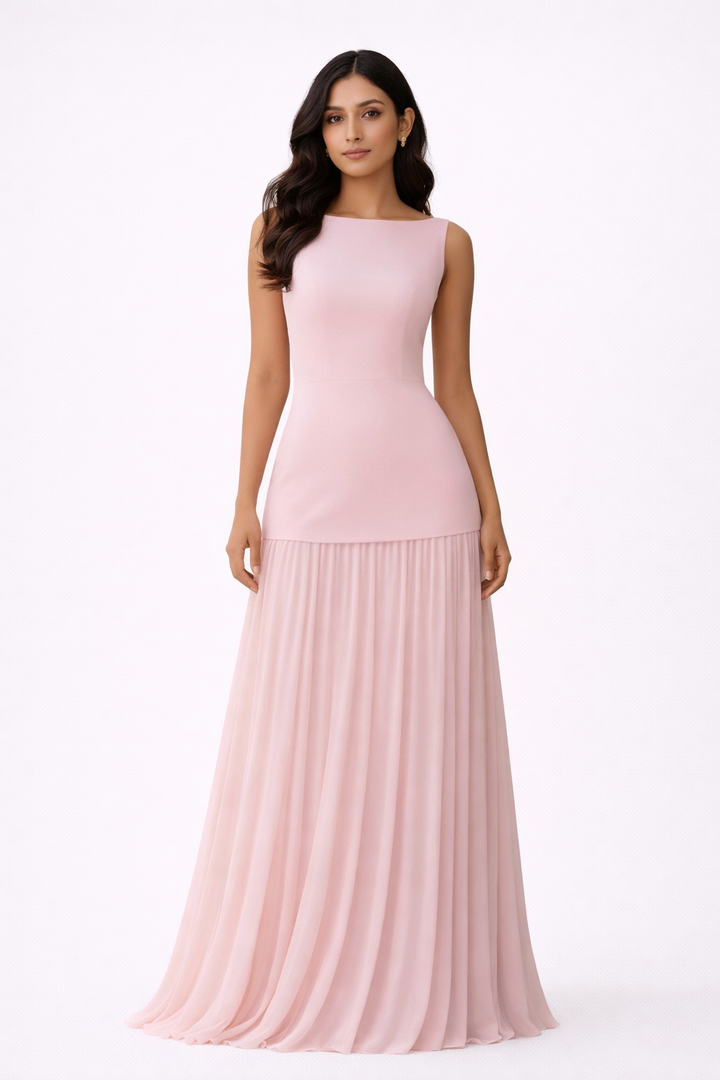 Chic sleeveless pleated maxi dress for women, suitable as a wedding guest outfit or sophisticated party dress.