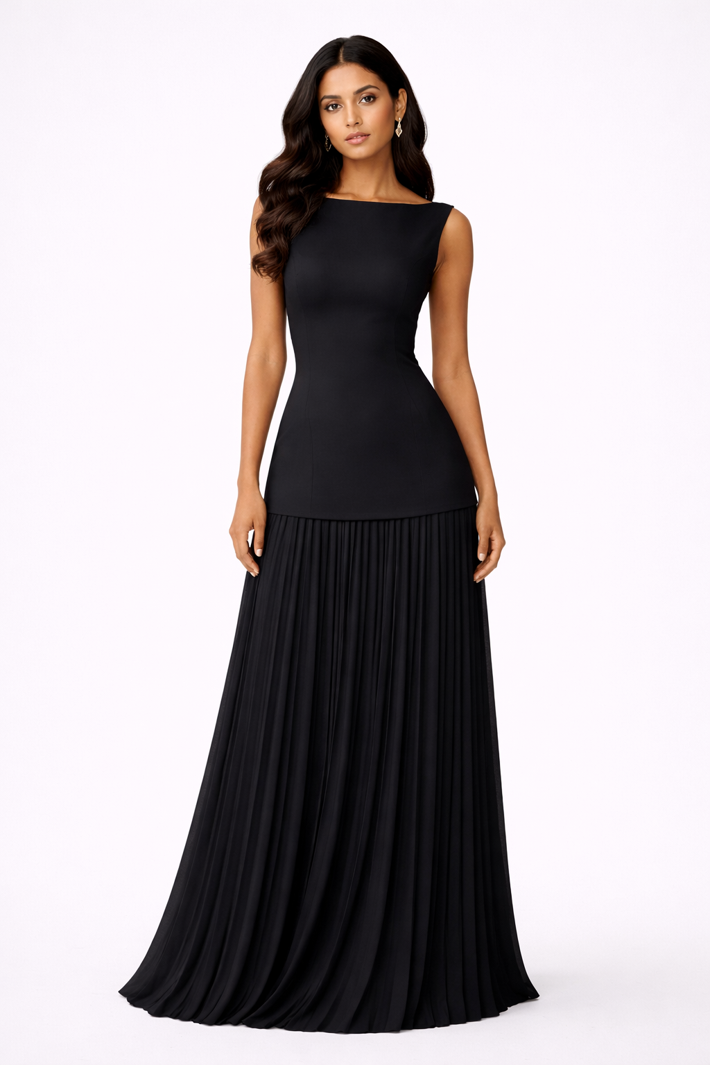 Women's long pleated dress, ideal for elegant events & special occasions. Formal evening gown with a flattering cut.