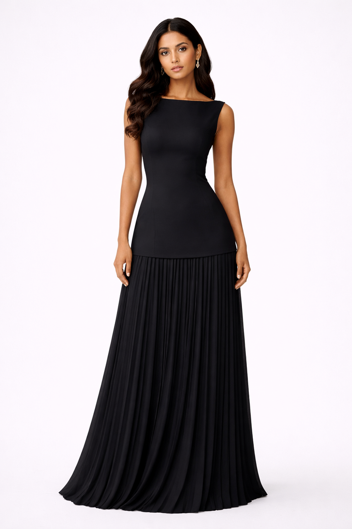 Women's long pleated dress, ideal for elegant events & special occasions. Formal evening gown with a flattering cut.