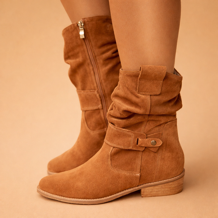 Women's winter boots: slouch ankle boots with stylish buckle detail. A must-have for chic fall footwear.