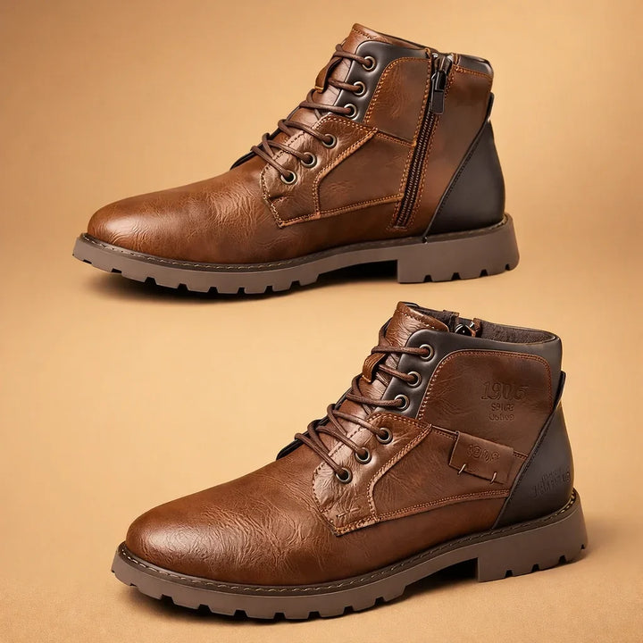 Stylish men's rugged lace-up casual boots on a model, showcasing their versatile design for everyday fashion. Comfortable footwear.