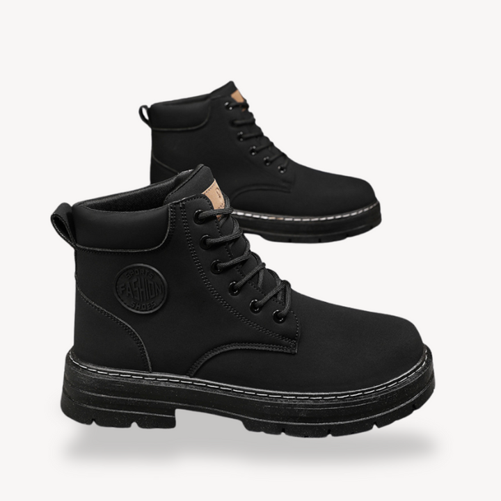 "Brown men's durable leather boots with cushioned insole, rugged sole, lace-up closure, and sleek design; ideal for outdoor u