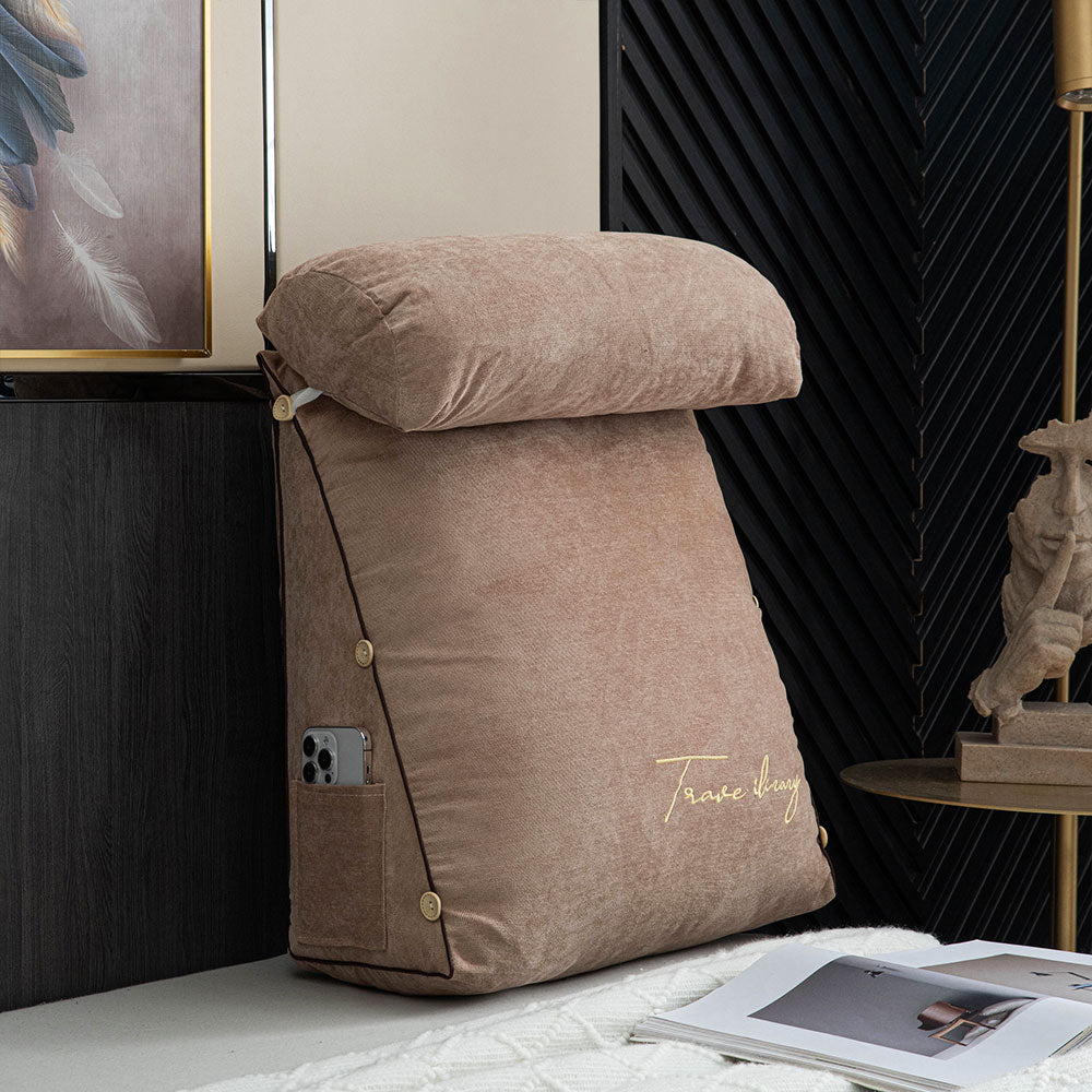 Plush ergonomic pillow with armrests, designed for comfortable reading and ultimate back support.