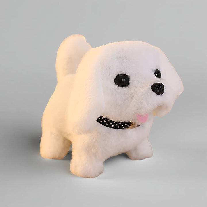 Brown & white interactive electronic robot puppy toy for children, a smart robotic companion for kids' playtime.