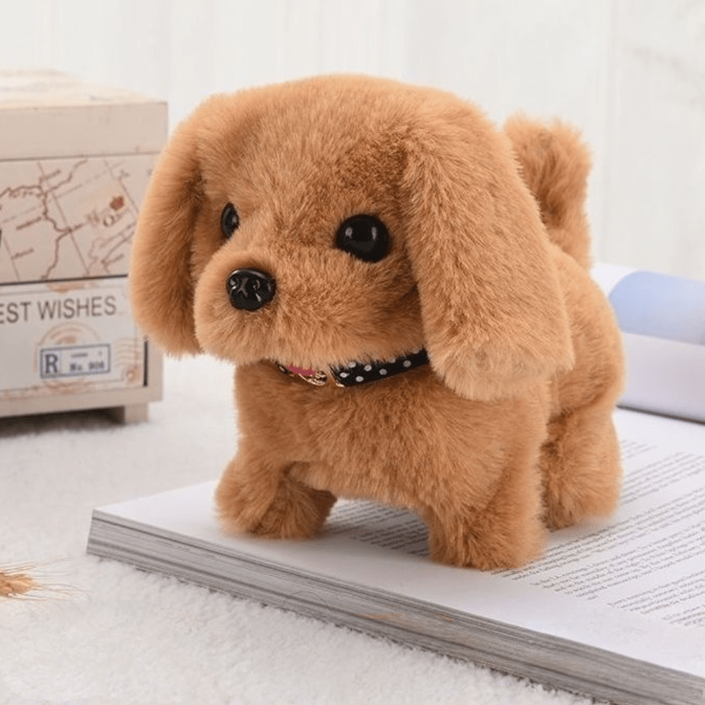Kids' brown & white electronic robot puppy, a smart interactive plush toy animal and robotic pet for children.