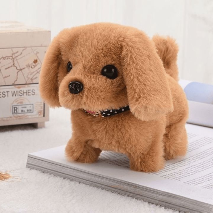 Kids' brown & white electronic robot puppy, a smart interactive plush toy animal and robotic pet for children.