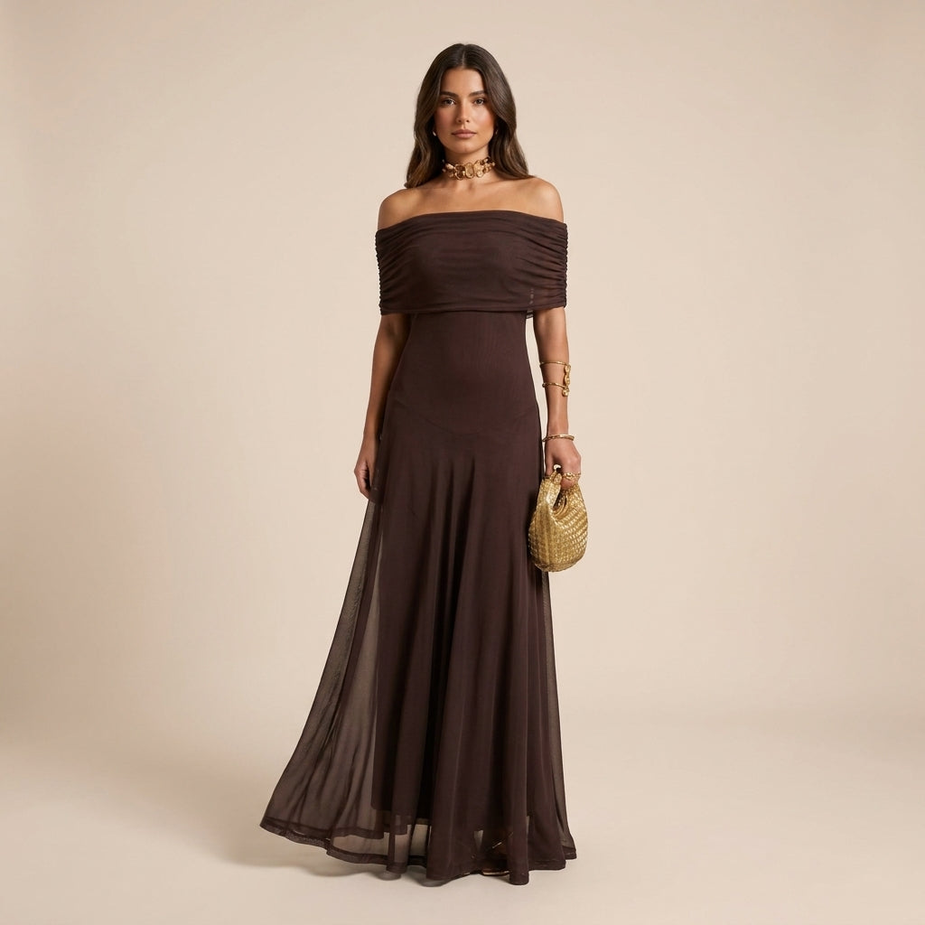 Women's elegant off-shoulder flowy maxi dress, perfect evening wear for special occasions & formal events.
