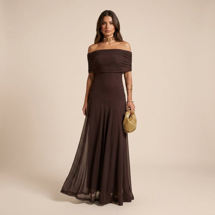 Women's elegant off-shoulder flowy maxi dress, perfect evening wear for special occasions & formal events.