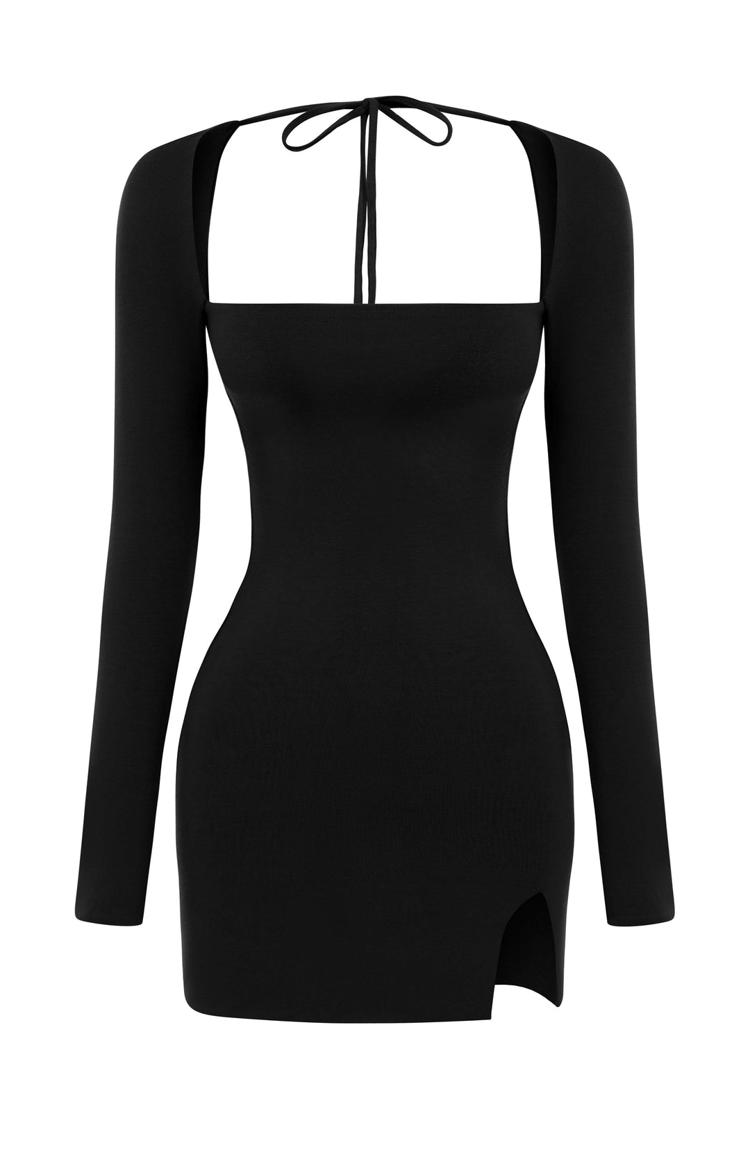 Elegant women's black mini dress with a distinctive square neckline. Long-sleeved, perfect for evening wear.