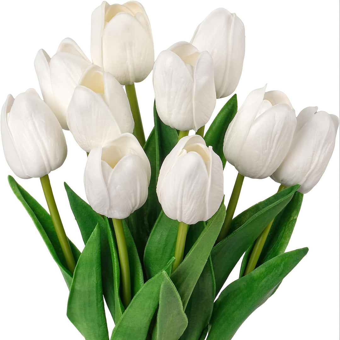 Full set of 10 realistic artificial tulips in various colors, versatile for wedding and home floral decor.