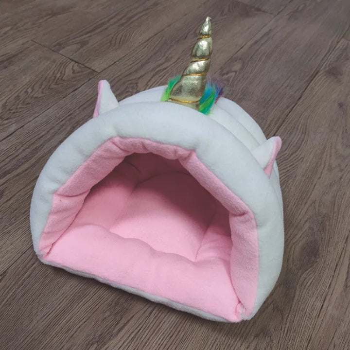 Magical unicorn-themed cat & small dog bed. Ultra-plush, providing a cozy and comfortable animal retreat.