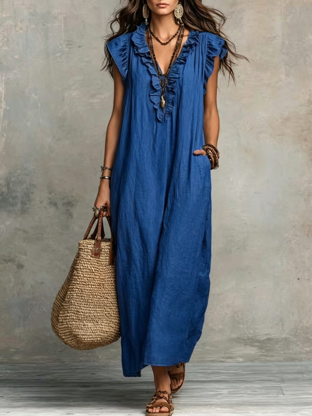 Women's Nola Ruffle Sleeveless Midi Dress. Elegant, flowy A-line summer dress, perfect for vacation or casual wear.