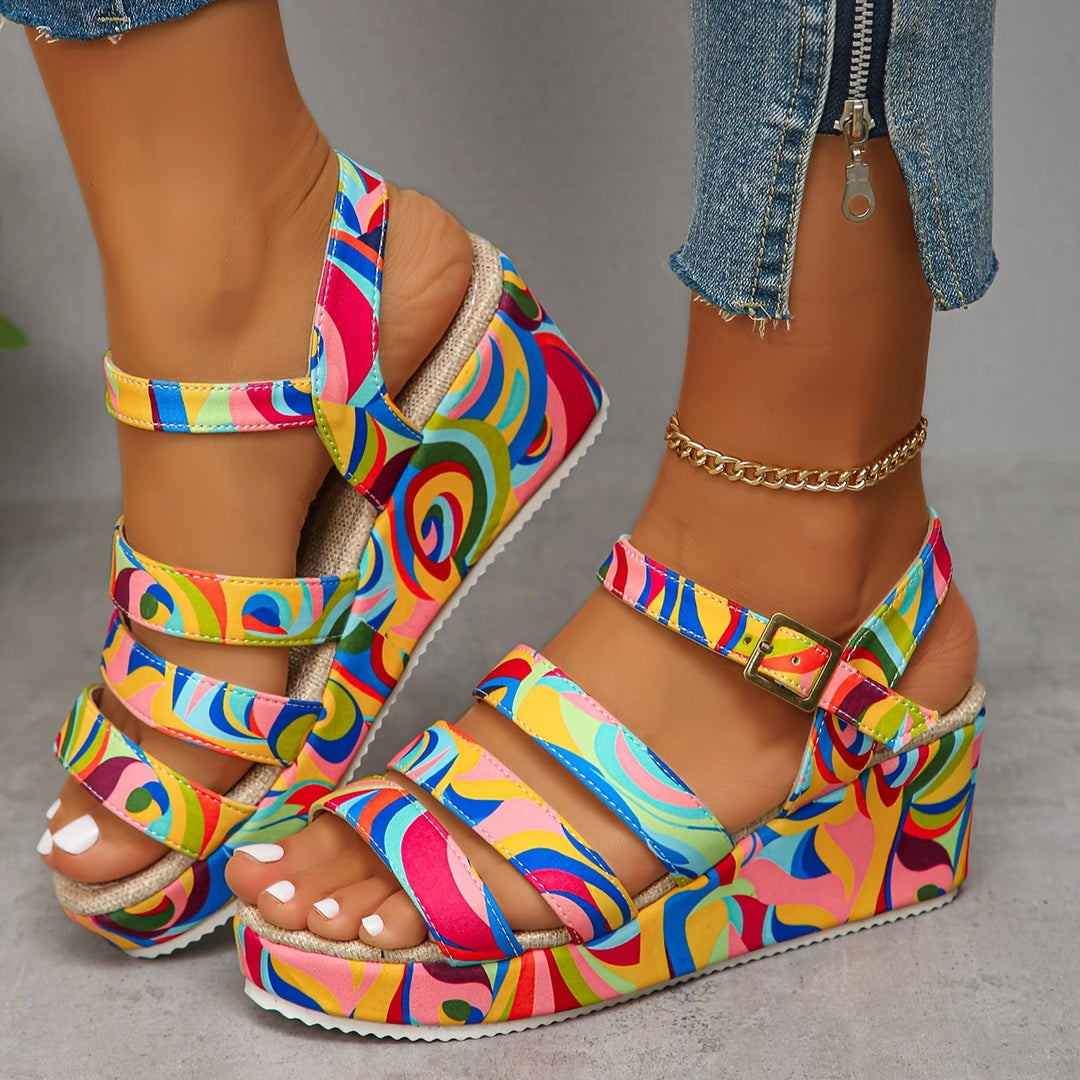 Stylish women's multicolour platform ankle strap sandals, perfect for summer casual and elegant outfits. [[lstfy-media:1]]