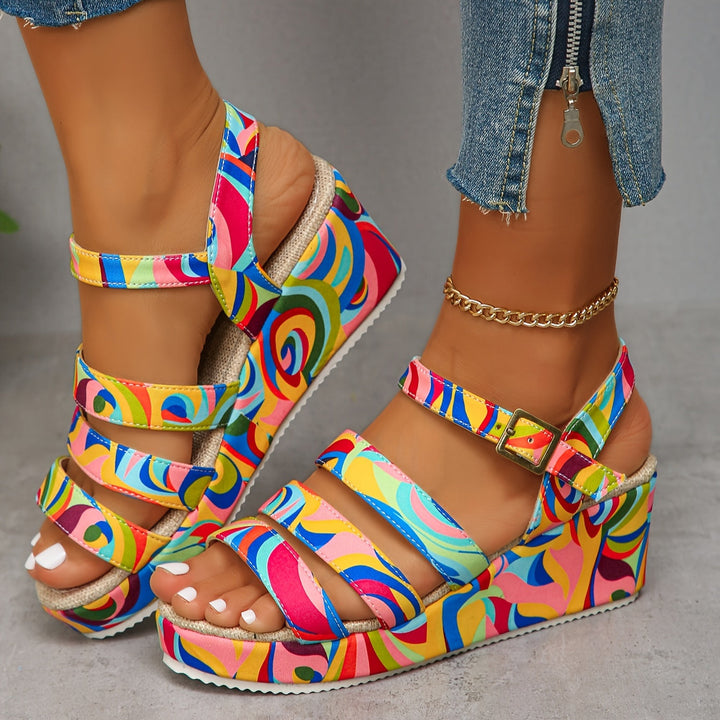 Chic women's multicolour open-toe wedge platform sandals, perfect for comfortable summer parties & casual holiday wear.