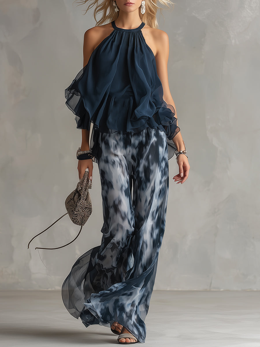 Navy blue women's chic two-piece set with a turtleneck top and wide-leg trousers, perfect for elegant style.