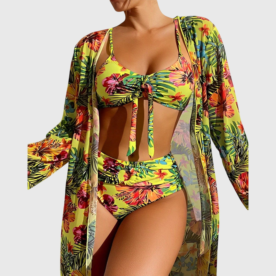 Stylish women's halter bikini swimsuit set. Perfect for beach & resortwear in blue, yellow, grey.