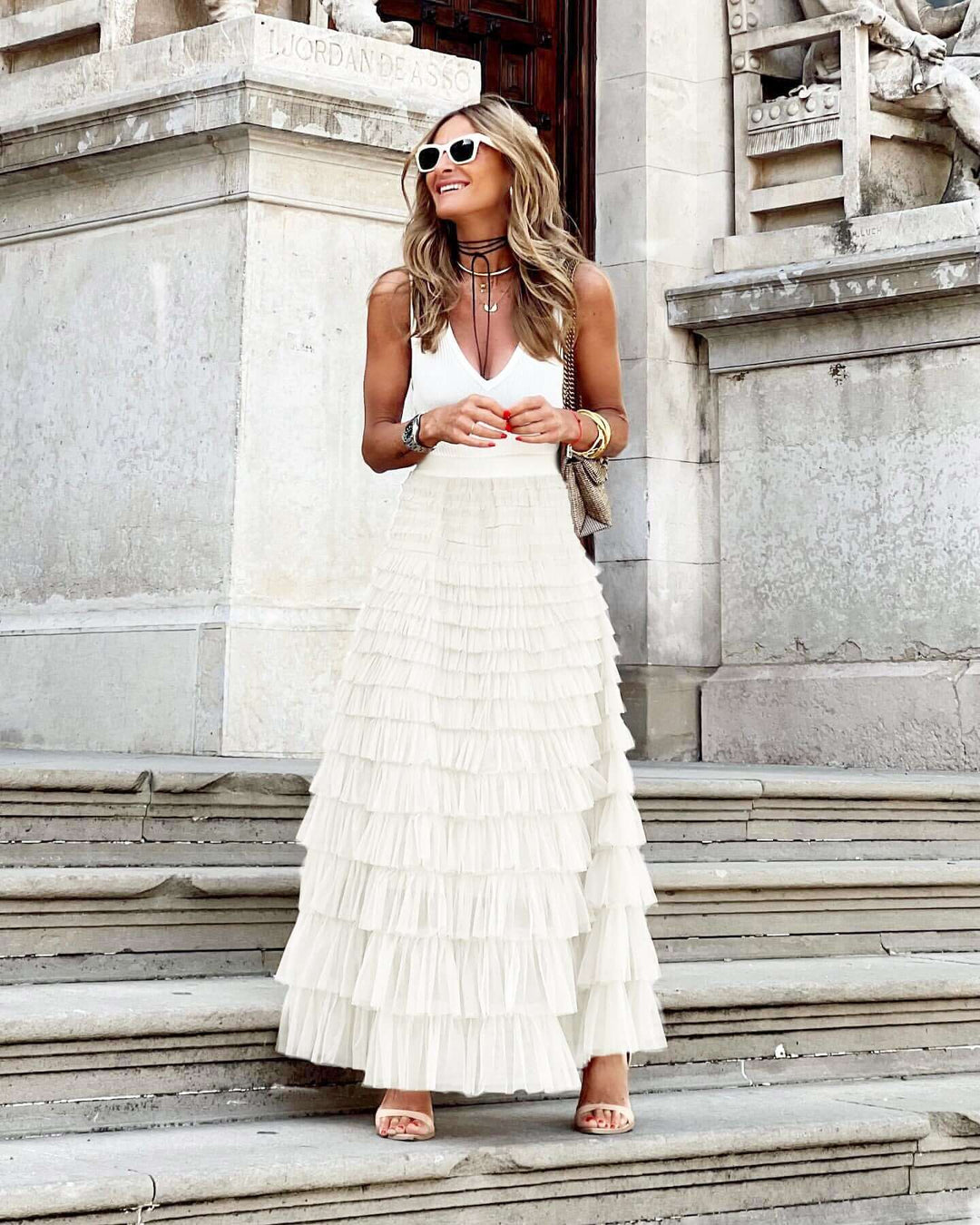 Women's Layered Tulle Midi A-Line Skirt