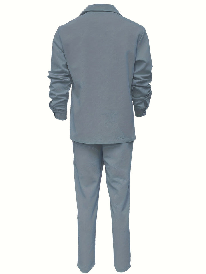 Stylish men's two-piece linen blend set, a key piece for modern minimalist fashion and comfort.