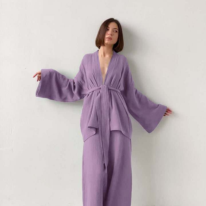 Women's V-Neck Top & Wide-Leg Trousers Set