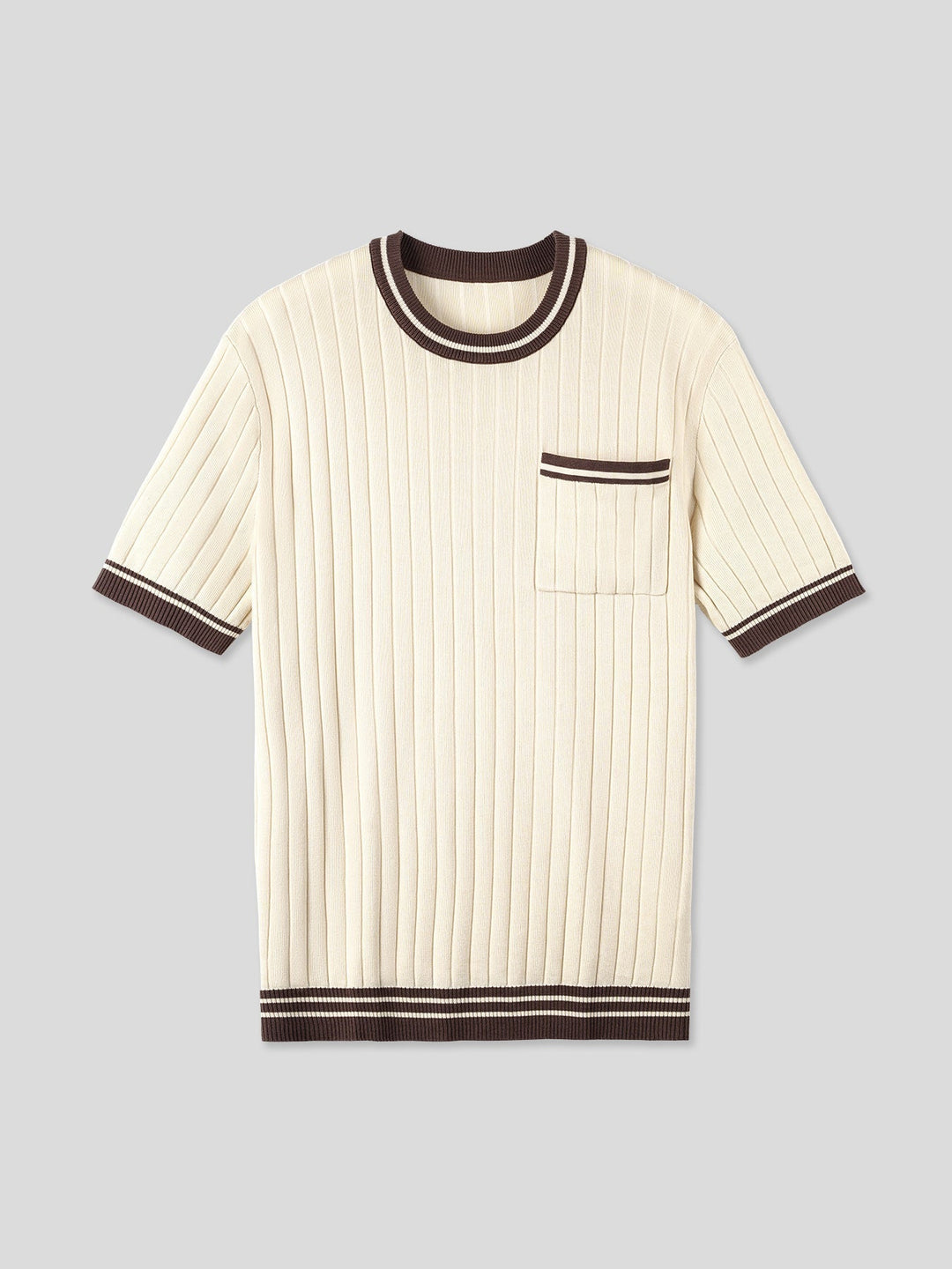 Men's beige ribbed knit polo tee, short sleeves, featuring elegant striped detailing on collar and cuffs.