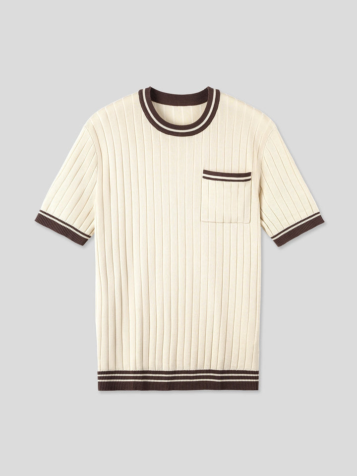 Men's beige ribbed knit polo tee, short sleeves, featuring elegant striped detailing on collar and cuffs.