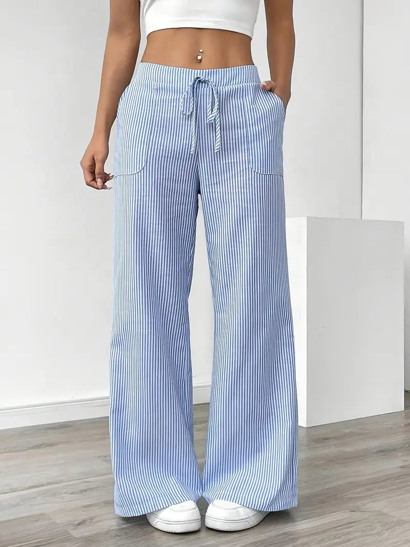 Casual striped wide leg pants for women, elegant fit with pockets.