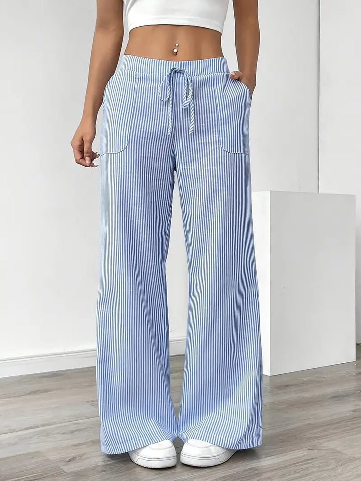 Casual striped wide leg pants for women, elegant fit with pockets.