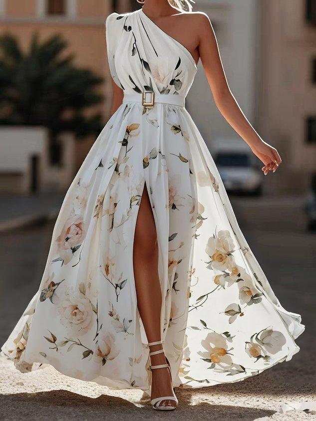 Women's elegant one-shoulder A-line maxi dress, ruched detail. Perfect for formal or party wear.
