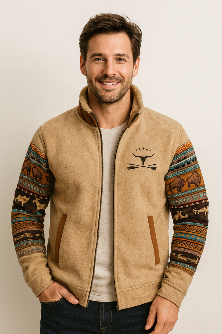Full view of a men's stand collar zip jacket, displaying unique southwestern pattern for stylish layering.
