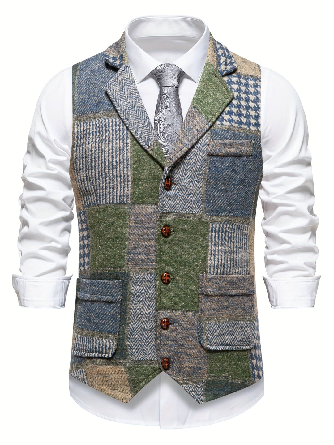 Unique men's patchwork herringbone waistcoat with a single-breasted design, ideal for modern menswear.