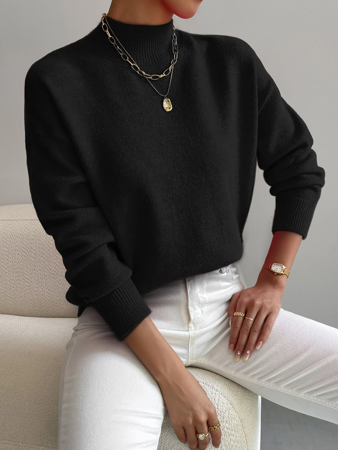 Ladies' autumn winter high neck knitted jumper, soft & comfortable.