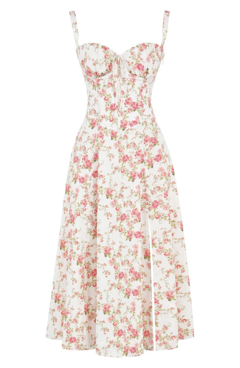 Heart neckline floral midi dress for women, elegant and stylish. Perfect for spring/summer parties.