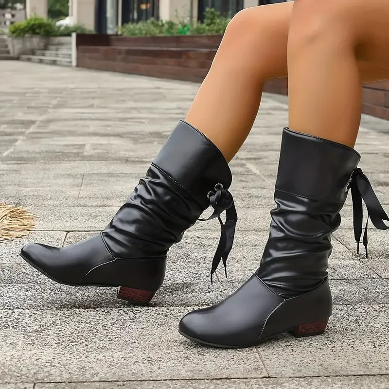 Women's comfortable lacing calf boots with a chunky heel & classic design, suitable for daily wear.
