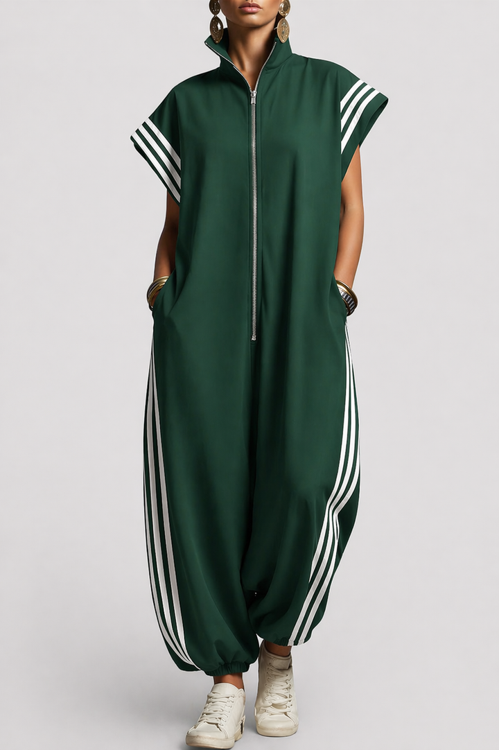 Modern women's sleeveless zip neck jumpsuit, sleek design for easy summer wear & contemporary fashion.