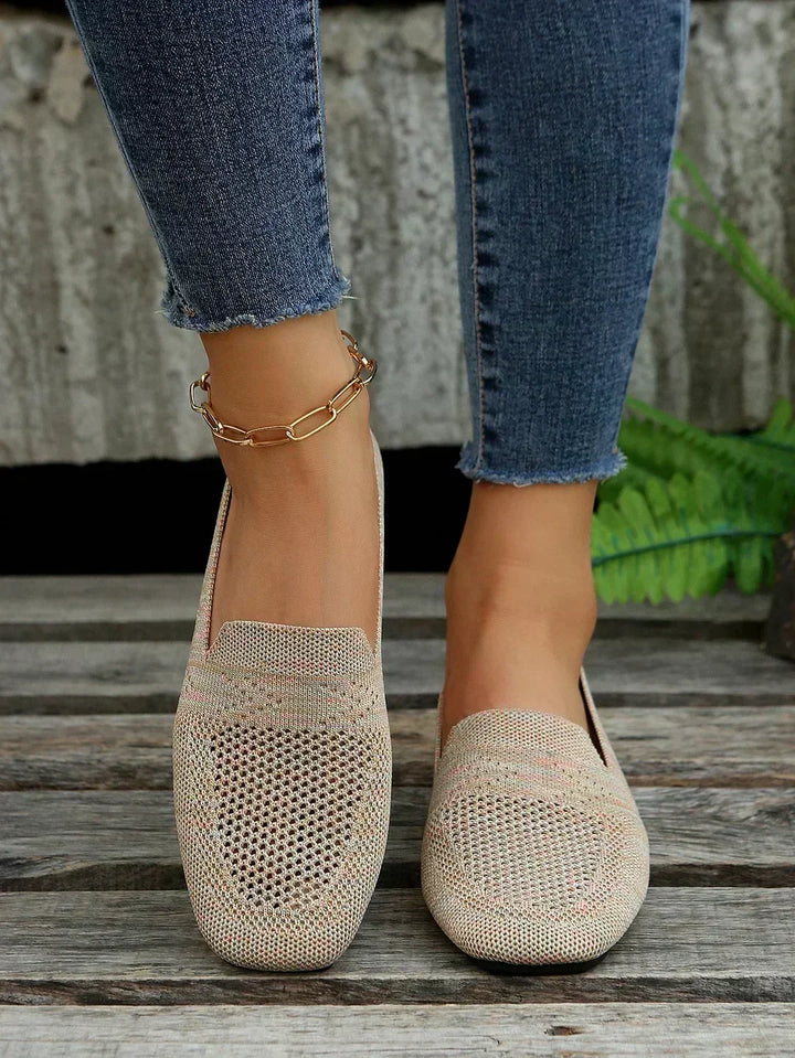 Detailed non-slip sole pattern on women's orthopedic ballet flats for improved traction.