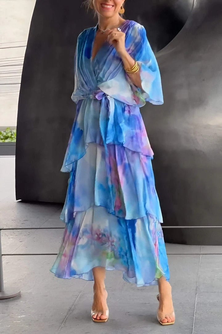 Bohemian layered maxi dress for women, with a beautiful drape. Perfect for wedding guests & outdoor summer celebrations.