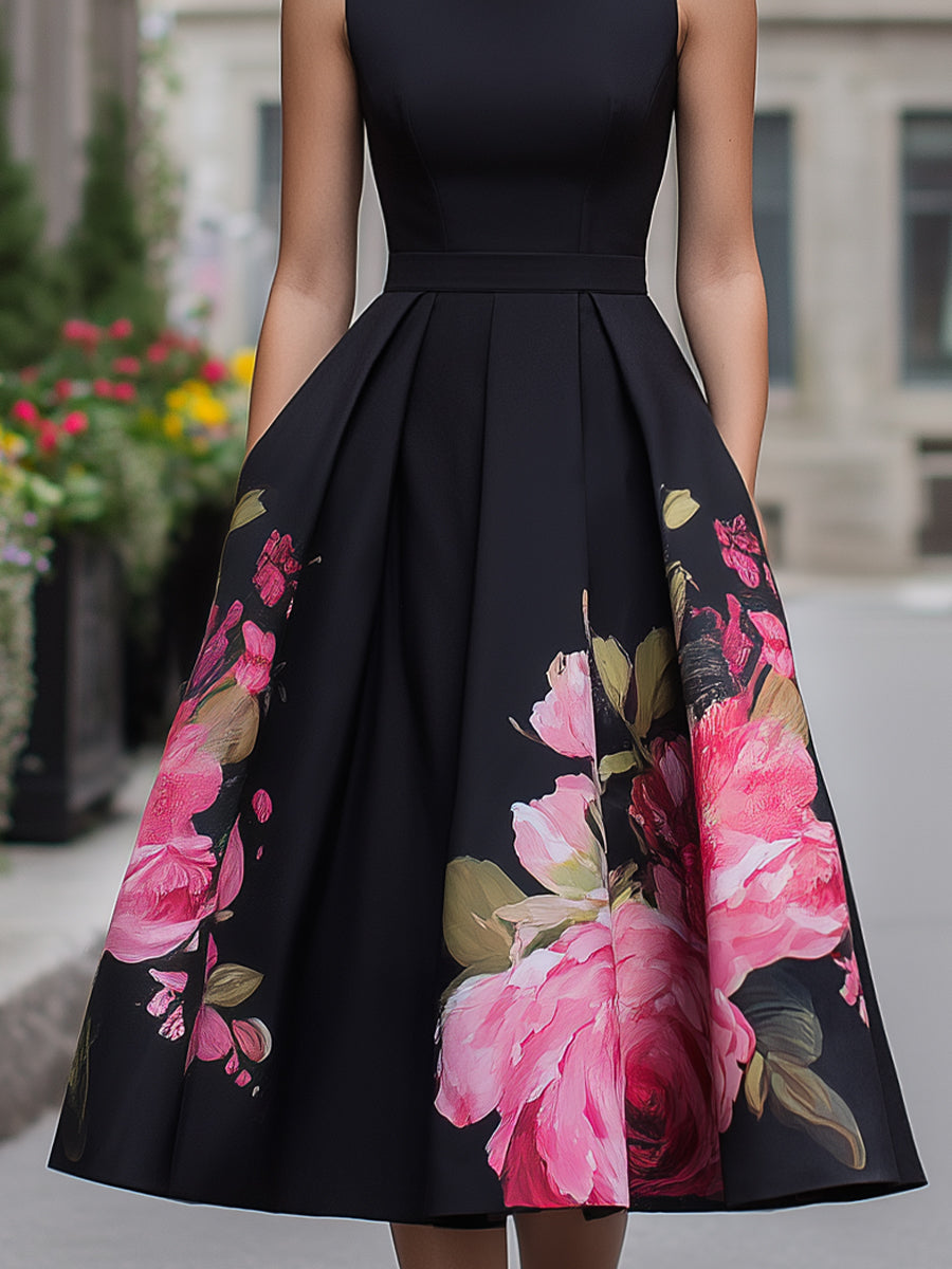 Women's beautiful floral sleeveless midi dress with draping, suitable for a formal party or special occasion.