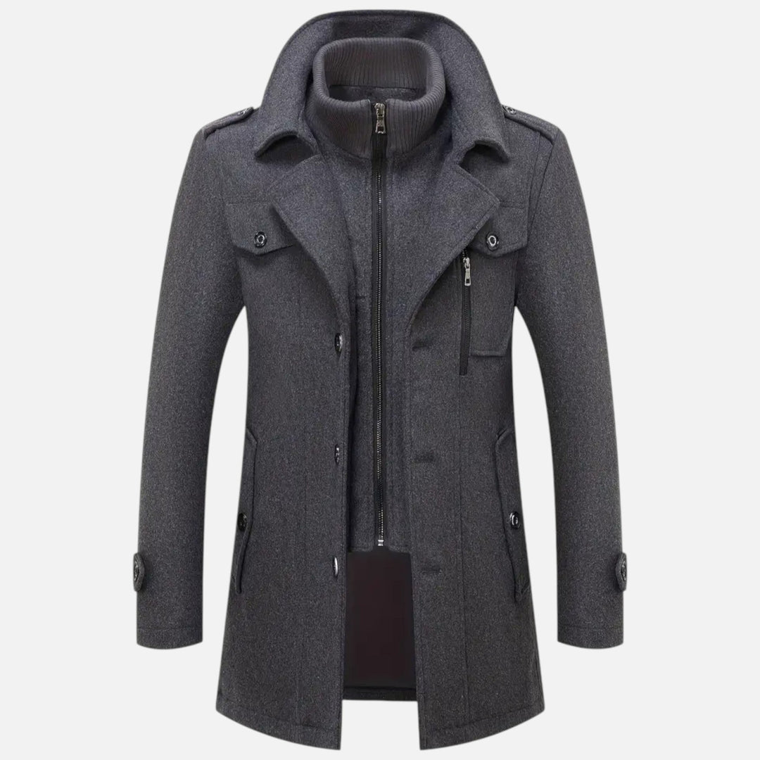 Classic men's autumn/winter coat, tailored with lapels, offering a refined and slim-fit silhouette.