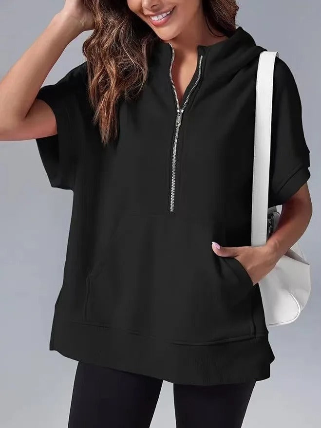 Versatile women's short sleeve half-zip hoodie with pockets, perfect for athleisure & everyday.