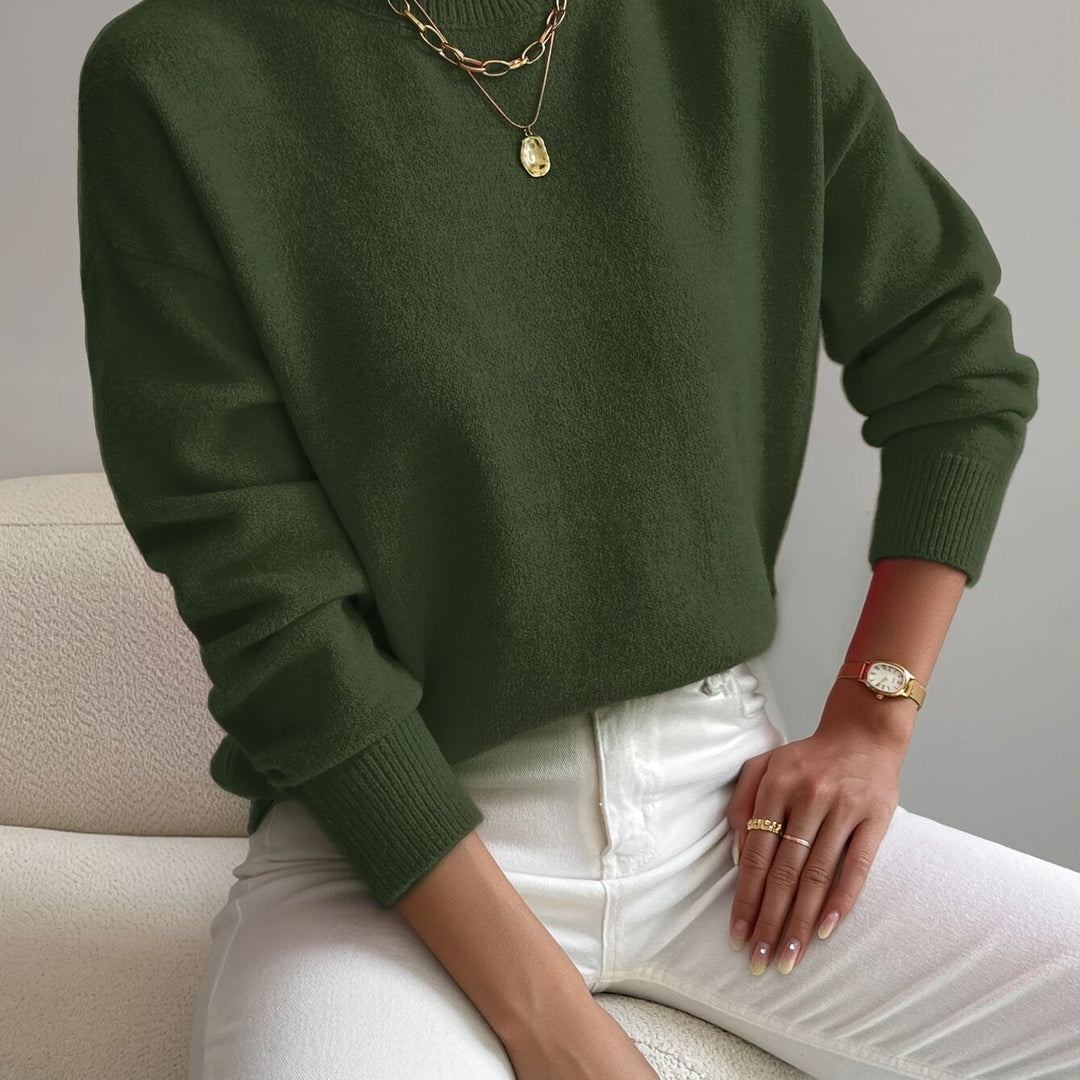 Cozy knitted high neck sweater for women, comfortable autumn winter wear.