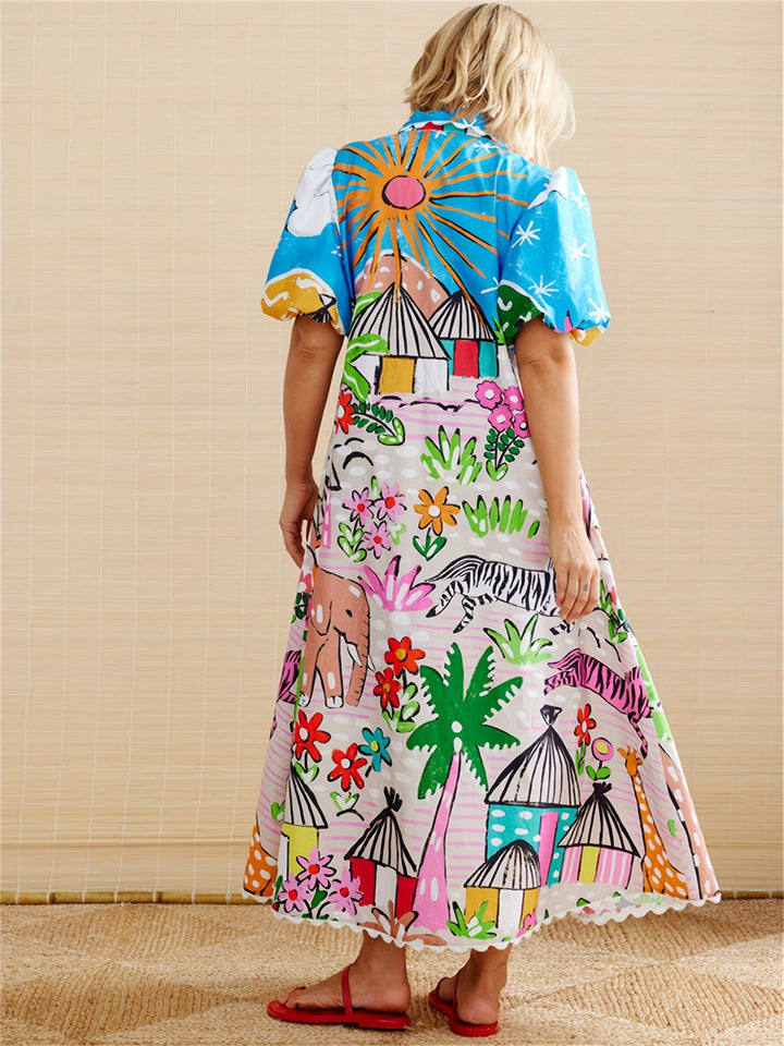 Women's chic floral midi dress, perfect for summer events & vacation. Elegant tropical print.