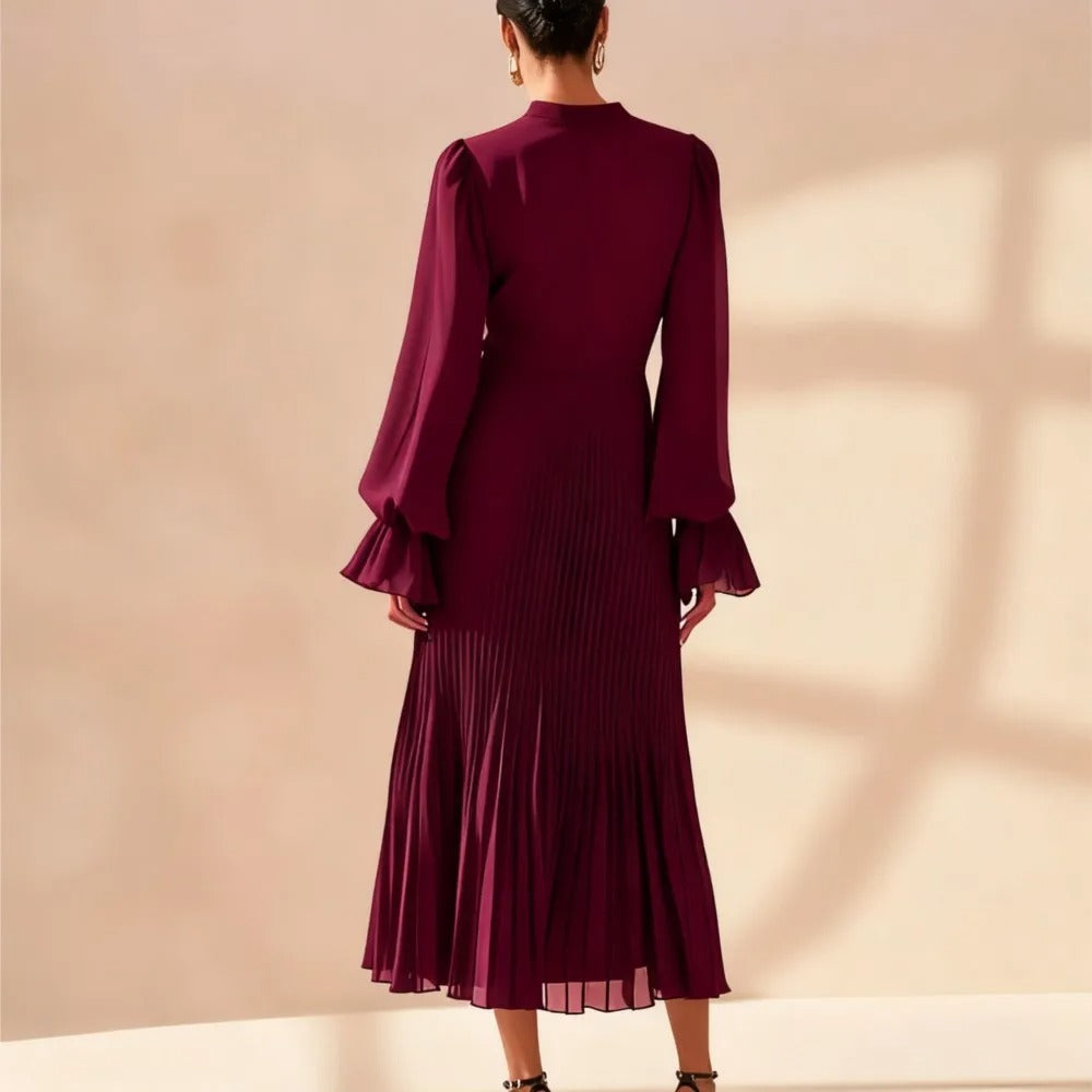 Elegant women's midi dress with a high neck & flattering pleats, perfect for a chic summer look.