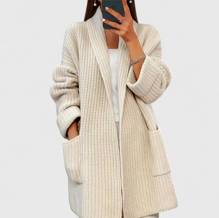 Effortless camel open cardigan for women, relaxed fit & soft knit, perfect layering piece for winter warmth.