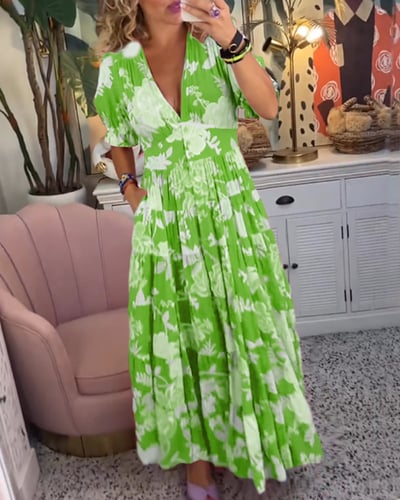 Flowy V-neck maxi dress for women, a comfortable and elegant choice for summer days, with pockets.