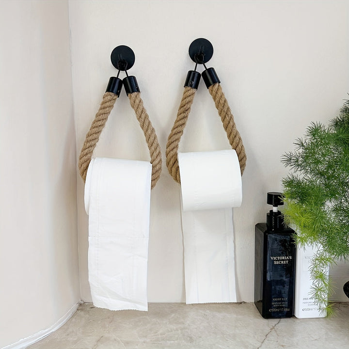 Unique wall mounted toilet paper holder made with natural hemp rope. Rustic bathroom accessory.