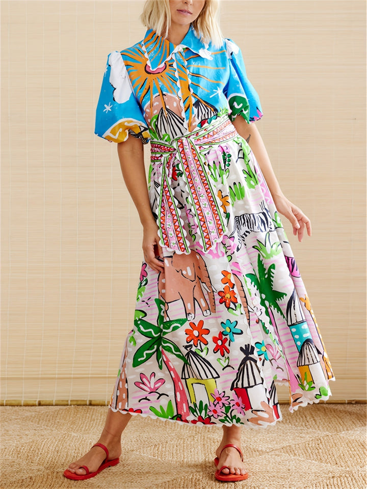 Chic women's midi dress with vibrant floral print, designed for summer events & stylish vacation wear.
