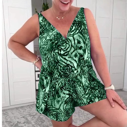 Relaxed fit V-neck animal print playsuit for women, a comfortable short-sleeve jumpsuit perfect for summer outings.