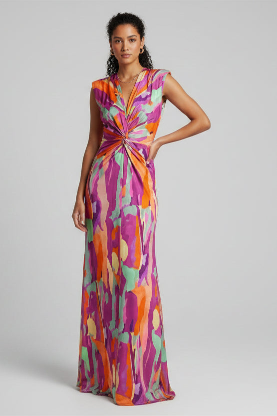 Elegant women's long knot dress with a flattering V-neck, perfect for summer evenings & resort wear.