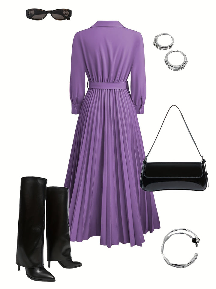 Sophisticated women's elegant pleated V-neck dress, midi length & long sleeves. Perfect for work or events.