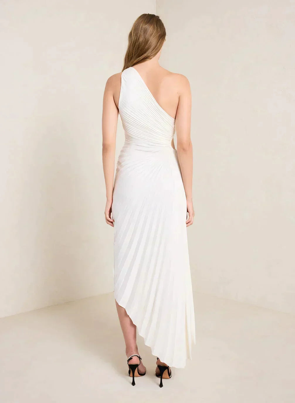 Women's formal asymmetrical pleated midi dress, perfect for glamorous events.